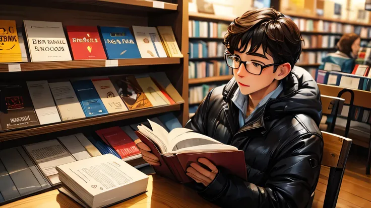 garoto nerd lendo um livro bebendo chocolate quente em uma livraria em uma tarde chuvosa com um cachorrinho fofo ao seu lado