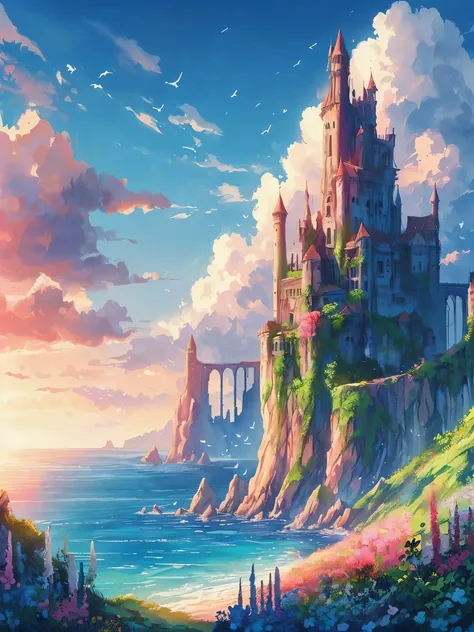 draw an anime simple scene of lonely old castle with broken wall and faded paint on a cliff, sea, flowers, clouds, vibrant sky, ...