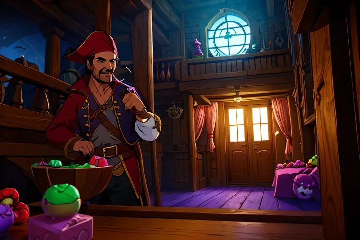 Captain Hook inside a magical house, (pirate with hook for a hand), ((stealing magical candy00, fantasy style