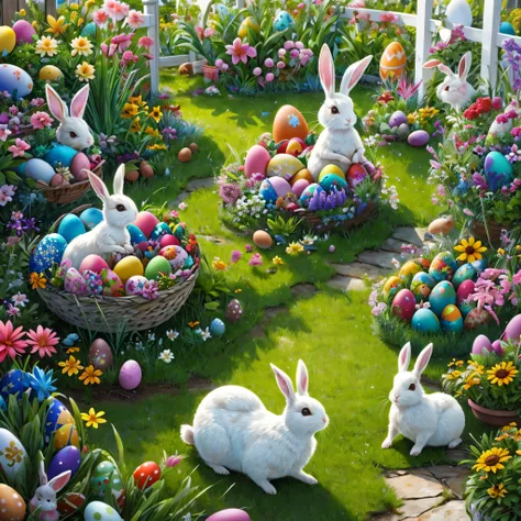 easter,painted eggshell，garden，explosive creativity，draw rabbit，hd european and american style