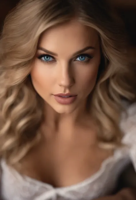 Arafed Full Woman, Sexy Girl with Blue Eyes, , Ultra Realistic, Meticulously Detailed, Portrait of Taylor Swift, dark blond Hair and Big Eyes, Selfie of a Young Woman, Bedroom Eyes, Violet Myers, No Makeup, Natural Makeup, Looking Directly at the Camera, f...