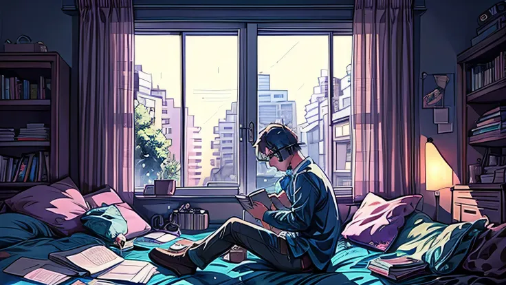 nerdy boy reading a book with his headphones down with a messy room and a black cat in the window watching the rain fall