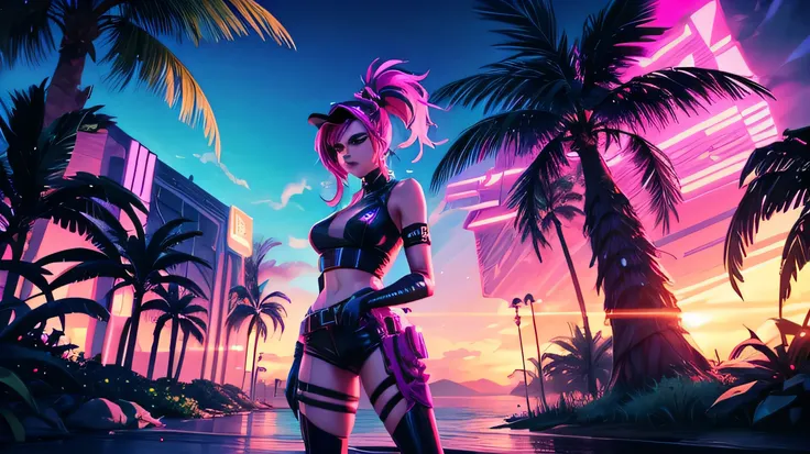 art image of a woman from the game Fortnite in a futuristic outfit with a neon sign, on the beach with palm leaves, night ocean shore, inspired by Aya of the year, [synthwave art style ]!!, synthwave art style ]!!, [ synthwave art style ]!! ]!!, [ 4k synth...