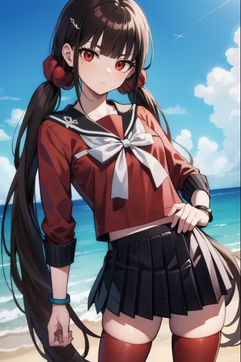 makiharukawa, harukawa maki, long hair, bangs, brown hair, black hair, hair ornament, (red eyes:1.5), twintails, very long hair, hairclip, blunt bangs, mole under eye, low twintails, scrunchie, hair scrunchie, red scrunchie, (small breast:1.2), BREAK skirt...