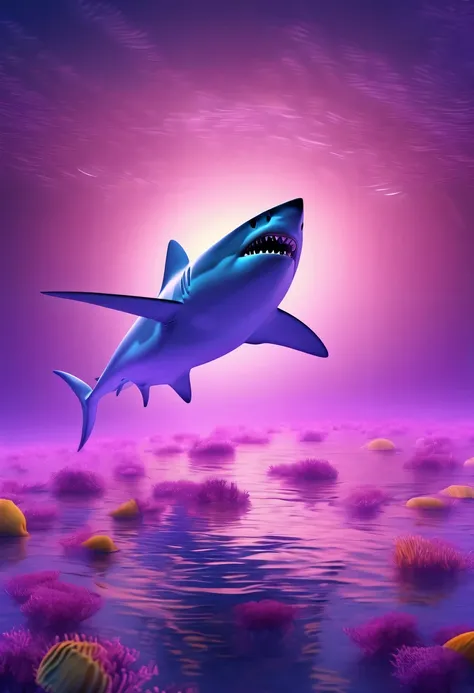(Futuristic transparent ethereal shark:1.6),Golden Mechanical Skeleton Shark,mechanical joint shark,blue light control eye,(Purple light cosmic energy field surrounds shark:1.5),Digital neural network,Futuristic deep sea landscape,Shark virtual holographic...