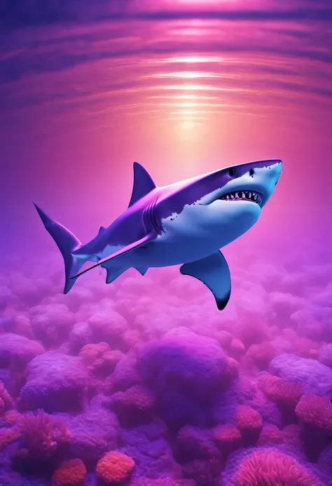 (Futuristic transparent ethereal shark:1.6),Golden Mechanical Skeleton Shark,mechanical joint shark,blue light control eye,(Purple light cosmic energy field surrounds shark:1.5),Digital neural network,Futuristic deep sea landscape,Shark virtual holographic...