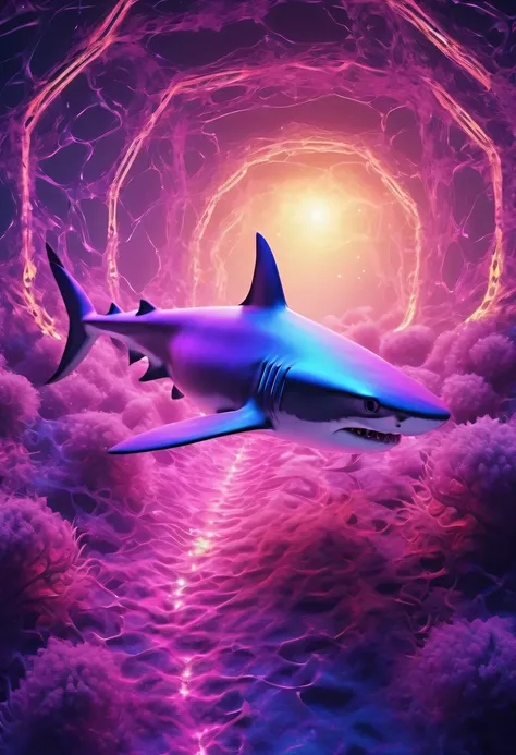 (Futuristic transparent ethereal shark:1.6)，Golden Mechanical Skeleton Shark，mechanical joint shark，blue light control eye，(Purple light cosmic energy field surrounds shark:1.5)，Digital neural network，Futuristic deep sea landscape，Shark virtual holographic...