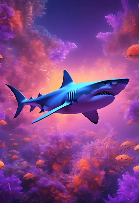 (Futuristic transparent ethereal shark:1.6),Golden Mechanical Skeleton Shark,mechanical joint shark,blue light control eye,(Purple light cosmic energy field surrounds shark:1.5),Digital neural network,Futuristic deep sea landscape,Shark virtual holographic...