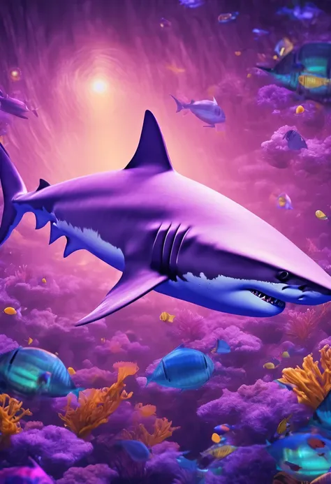 (Futuristic transparent ethereal shark:1.6),Golden Mechanical Skeleton Shark,mechanical joint shark,blue light control eye,(Purple light cosmic energy field surrounds shark:1.5),Digital neural network,Futuristic deep sea landscape,Shark virtual holographic...