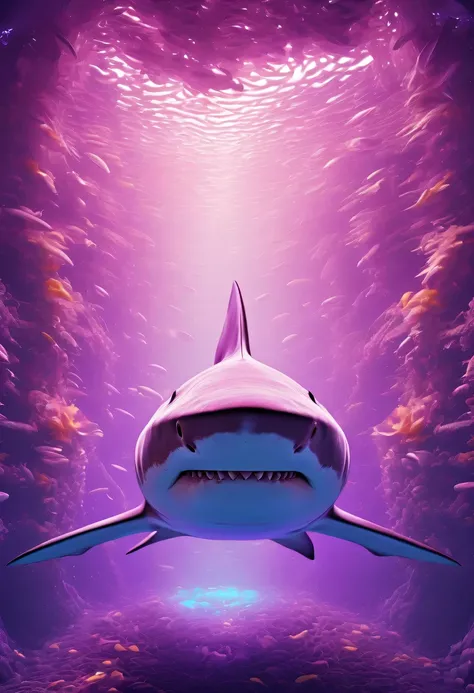 (Futuristic transparent ethereal shark:1.6)，Golden Mechanical Skeleton Shark，mechanical joint shark，blue light control eye，(Purple light cosmic energy field surrounds shark:1.5)，Digital neural network，Futuristic deep sea landscape，Shark virtual holographic...