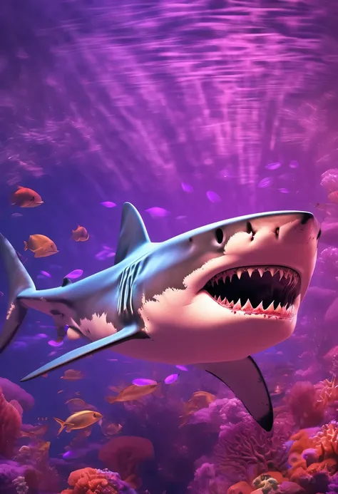 (Futuristic transparent ethereal shark:1.6),Golden Mechanical Skeleton Shark,mechanical joint shark,blue light control eye,(Purple light cosmic energy field surrounds shark:1.5),Digital neural network,Futuristic deep sea landscape,Shark virtual holographic...