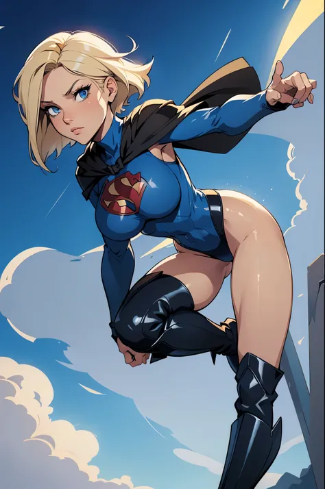 female, short bob blonde hair, blue eyes, leotard, bare legs, boots, medium boobs, no cape, no skirt, superhero, spinning like a tornado