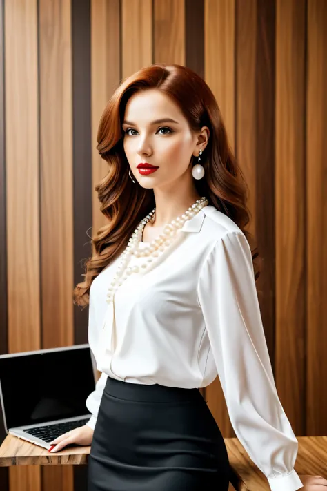 I. Female model, 27 years old, long wavy auburn hair, seductive gaze, full figure, red lipstick, realistically rendered, wearing a stylish white blouse and black pencil skirt, accessorized with pearl earrings and a necklace, leaning casually against a wood...