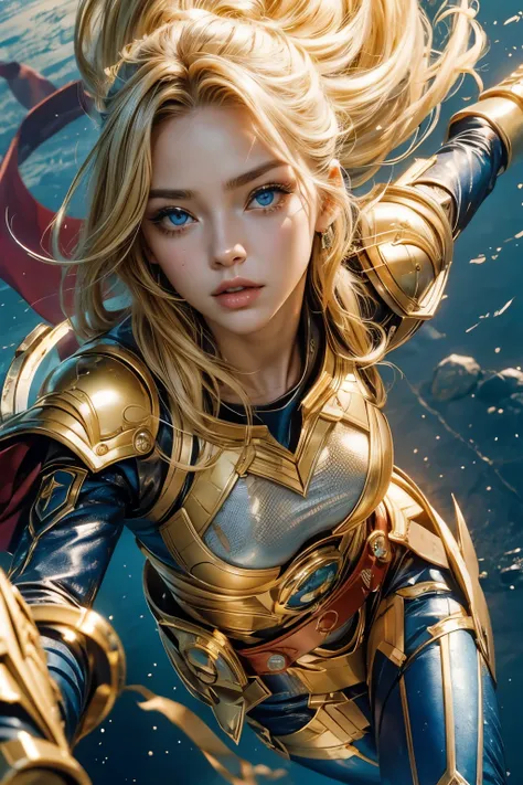 A beautiful woman with blonde hair and blue eyes is flying in the sky with her flesh body.。She wears a golden battle uniform、There&#39;s something on his waist that reminds me of Kamen Rider&#39;s transformation belt.。The space beneath your feet offers a v...