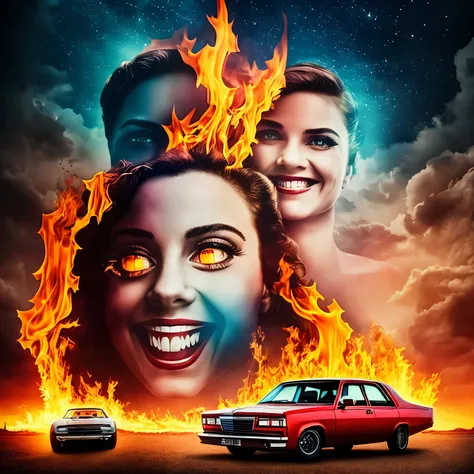 movie poster retro 80s surrealist with a womans face smiling mockingly and fire in the background and cars moving with a sky in an isolated place post apocalypse psychedelic style experimental surrealist style