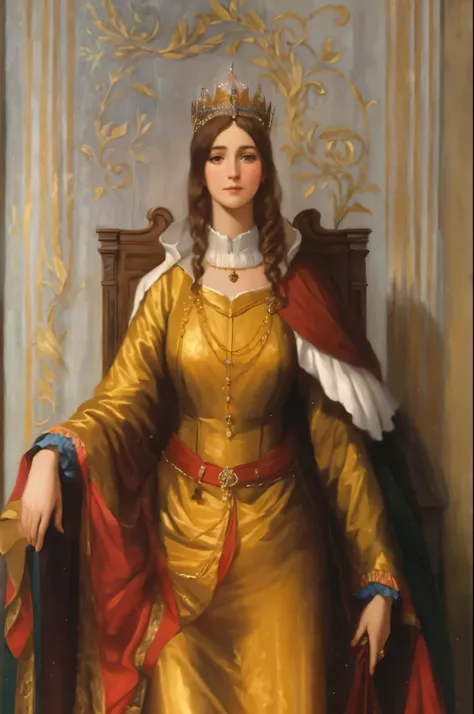 uma pintura de uma mulher com um vestido dourado sentada em uma cadeira, majestade em roupas nobres, Direction: Marie Krøyer, oil painting of princess vulvine, Retrato de uma rainha, imperatriz, mulher robusta real e orgulhosa, portrait of a young imperatr...