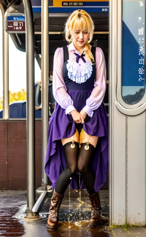 violet evergarden, peeing herself, peeing, peeing self, very desperate to pee, at a train station, full face blush, sad, crying, flustered, pubic hair, black stockings, brown boots, holding small briefcase, long dress, ruffled panties, peeing, peeing self,...