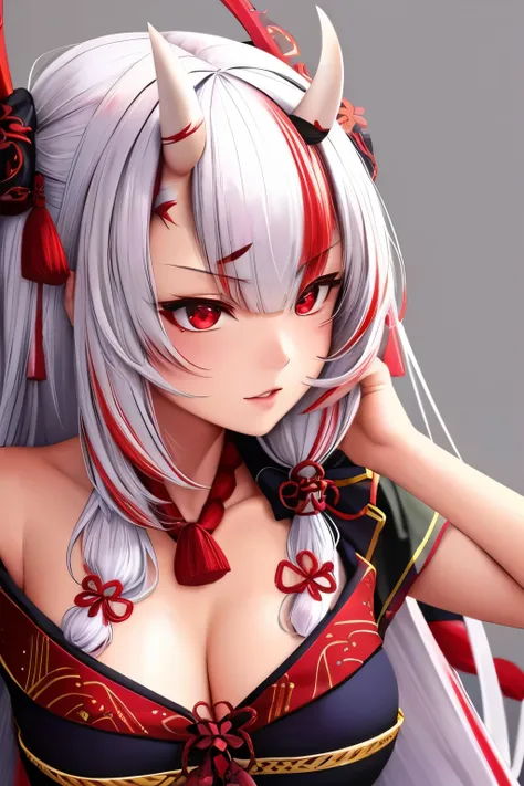 best quality, intricate details,

1girl, nakiri ayame, oni horns, multicolor hair, long hair, red eyes, white hair,