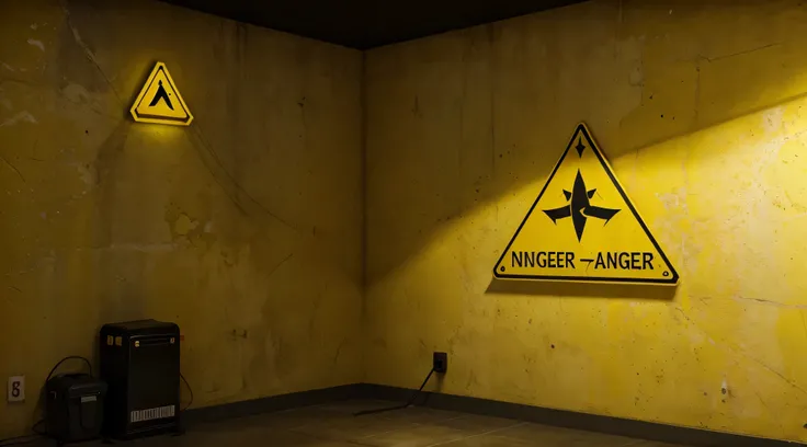 cerca de arame com sinal de perigo triangular na cor amarela, nuclear area, dark area, High Definition Details, yellow neon liquid on the wall