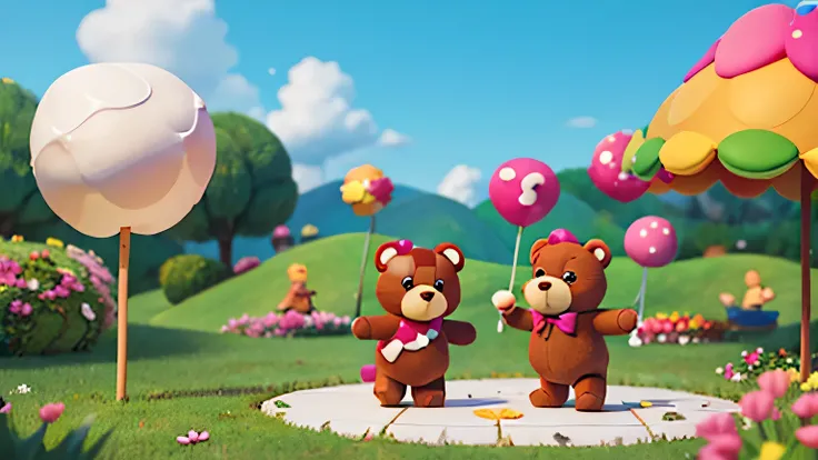 teddy bears fighting with marshmallows in candy land, Estilo Disney