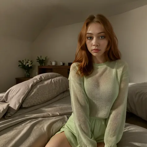 arafed woman fully ,  with green eyes, ultra realistic, meticulously detailed, portrait sophie mudd, red hair and large eyes, selfie of a young woman, bedroom eyes, violet myers, without makeup, natural makeup, looking directly at the camera, face with art...