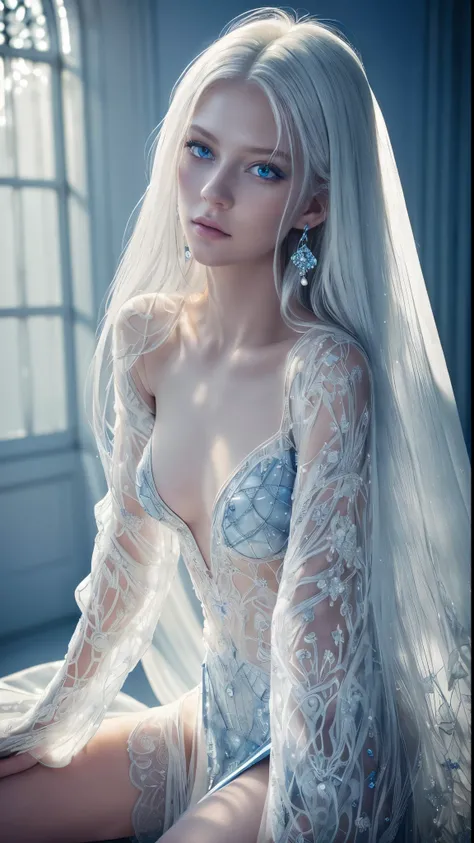 8k full body shot of beautiful white-haired 18 year old girl, (intricate, sheer, transparent, translucent,(no clothes:1.2)), intricate, beautifull face, sublime, elegant, side lighting, highly detailed, digital hyperrealistic photography, hyperrealistic ph...