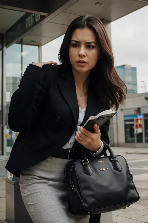 businesswoman looking for something at the bottom of her small bag. She looks angry. Hyper realistic