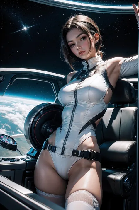 fille maigre cheveux lisses, tenue spatiale en latex blanc collés au corps, très beau, très attractif, très fin, spatial du cockpit, gros seins, hublot espace