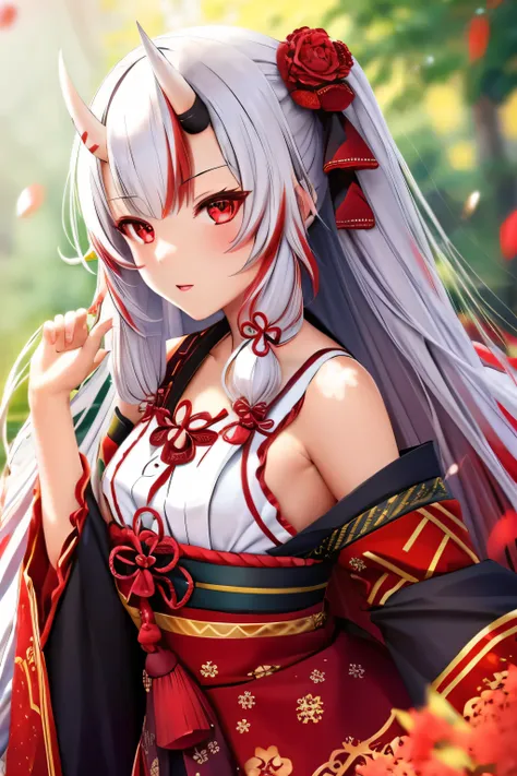 best quality, intricate details,

1girl, nakiri ayame, oni horns, multicolor hair, long hair, red eyes, white hair,