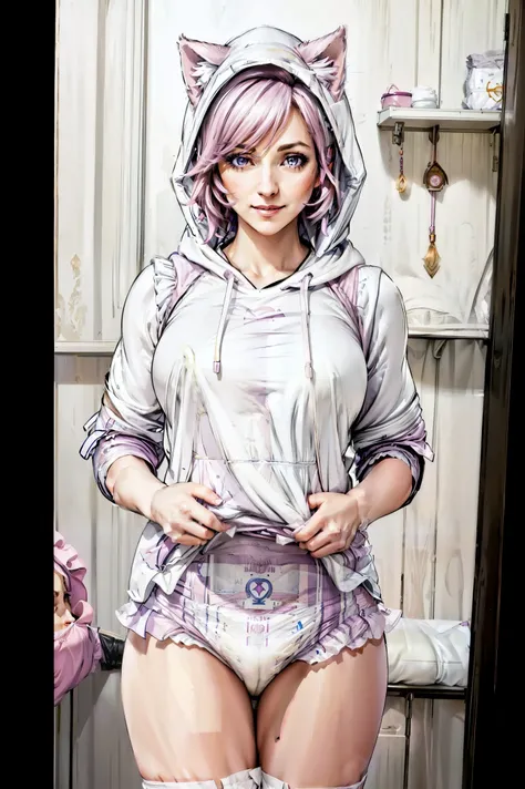 (mature woman:1.3), adult, solo, Pink short hair, purple eyes, medium chest, blush, smile, (white hooded sweatshirt:1.1), (cat ears on hood:1.1), (white panties with ruffles:1.1), (hands near face:1.2), (masterpiece), (high quality), (best quality), (detai...