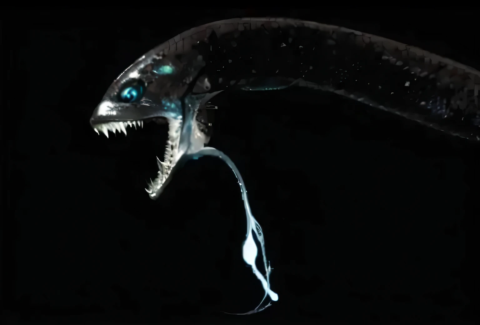 Render a black dragonfish, the photo above, in its natural habitat, the inky depths of the ocean. Its sleek, almost black body seamlessly blends with the surrounding darkness, while its bioluminescent organs under its eyes glow like piercing blue spotlight...