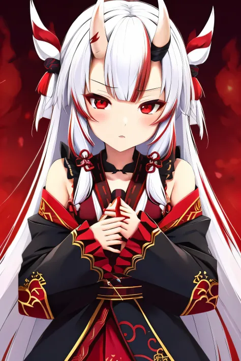 best quality, intricate details,
1girl, nakiri ayame, oni horns, multicolor hair, long hair, red eyes, white hair,