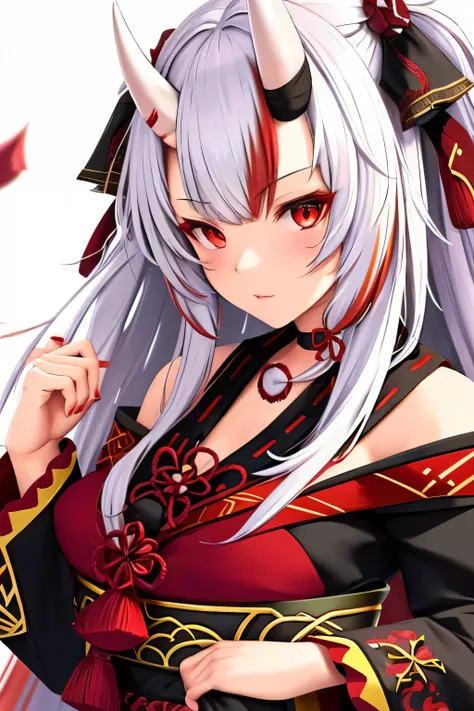 best quality, intricate details,
1girl, nakiri ayame, oni horns, multicolor hair, long hair, red eyes, white hair,