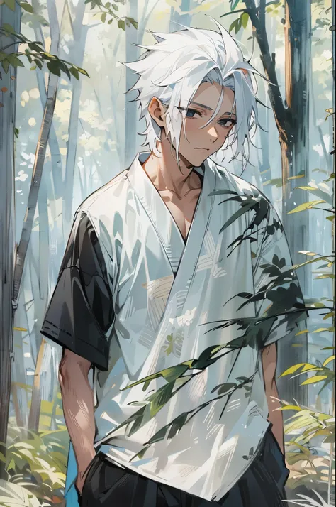 teen male, white hair, messy spikey hair, white haori over shirt, forest background, black eyes