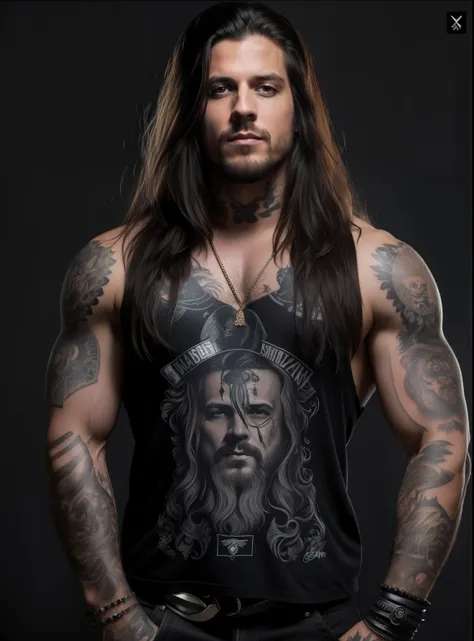 um homem com cabelos longos e tatuagens posando para uma foto, johnny silverhand, félix englund style, corpo musculoso tatuado, ...