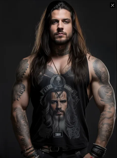 um homem com cabelos longos e tatuagens posando para uma foto, johnny silverhand, félix englund style, corpo musculoso tatuado, ...