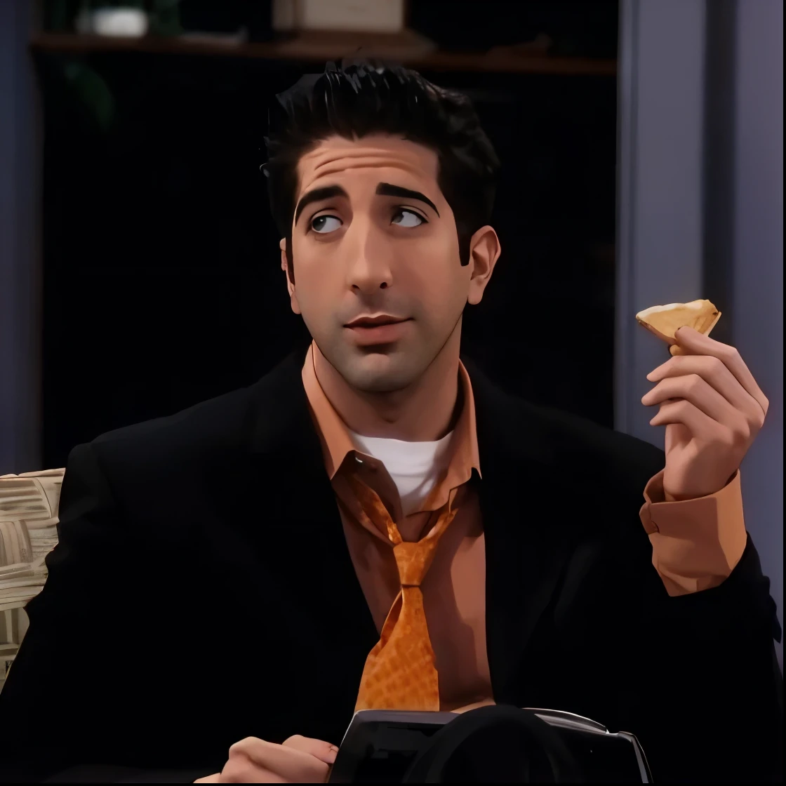 araffe man in suit and tie holding a piece of bread, David Schwimmer gritando, Ross Geller gritando, Screenshot of the episode Friends, Episode of the TV show Friends, Episode of the TV show Friends, sitcom amigos screenshot, sitcom amigos, amigos 9 0 s pr...