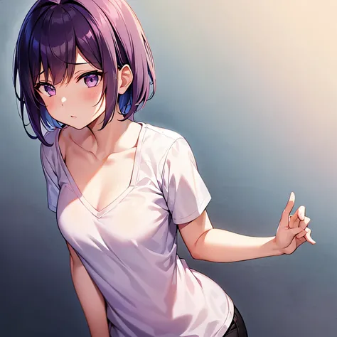 Kyoka Jiro, 1 girl, alone, chest, Blush, short hair, smooth, พื้นหลังที่smoothง่าย, shirt, white background, gag, purple eyes, collarbone, upper body, purple hair, short sleeve, blunt smooth, Look away., t-shirt, pink shirt, Earlobes are long, white.