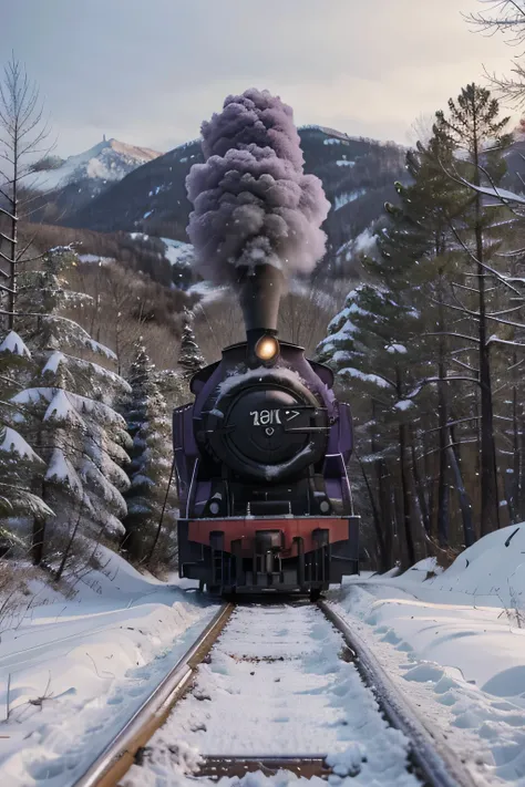 Pov, old purple train approaching, snowy woods, beautiful landscape