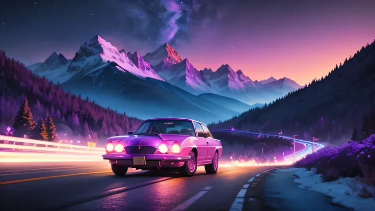 cor vibrante retrowave, roxo, azul, carro de rua rosa correr fundo noite montanhas estreladas.