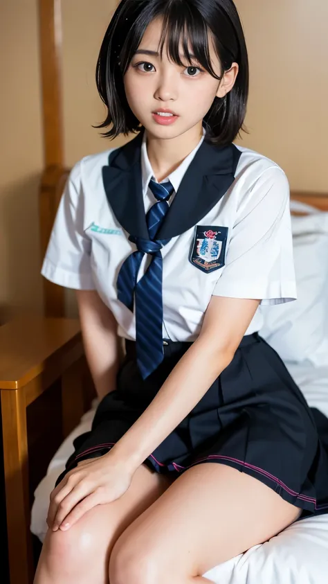 Best-quality, Masterpiece, Ultra-High-Resolution, (Photorealistic:1.4), Raw-Photo, 1girl, 12-years-old, the most famous Japanese idol, wearing only Japanese high-school uniform with cute design, at midnight, sitting on bed, face-focus, extremely cute face ...