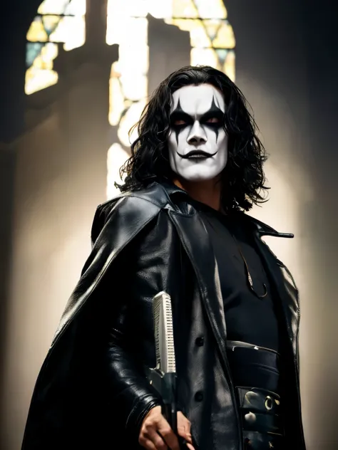 A cinematic poster of the character "The Crow". Half-body, The character is in the middle of a dark street, with a bright green light shining on him. (( The Crow V.IT Face, White face with black makeup )), The background is black with smoke. Wearing a The ...