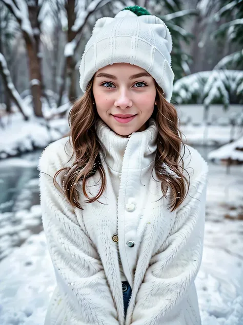 imagine prompt: A captivating woman with chestnut curls, sparkling emerald eyes, hands on the knees, and charming dimples in her cheeks when she smiles, dressed in a cozy winter coat and a knit beanie. She stands on the snow-covered banks of a frozen lake ...