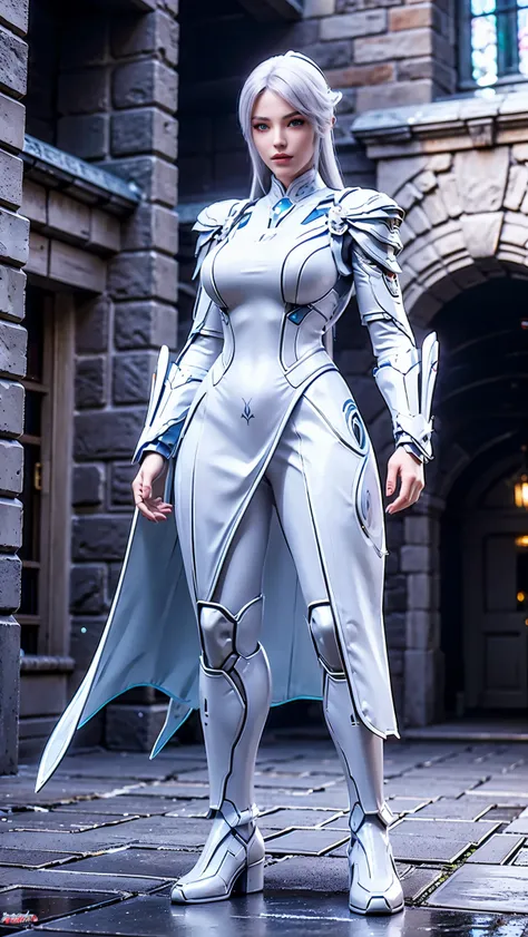 futuristic character, full body, standing in the castle.