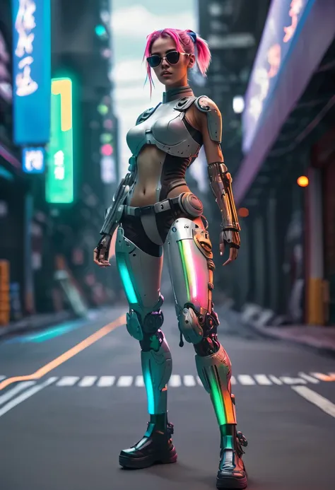 two-dimensional，Liberation shoes，female characters，standing posture，beach umbrella，neon lights头发，high ponytail，arm me，Focus on expression，energy bow，mechanical limbs，stealth drone，Liberation shoes，cyberpunk，Steampunk，fault art，Holographic projection，mechan...