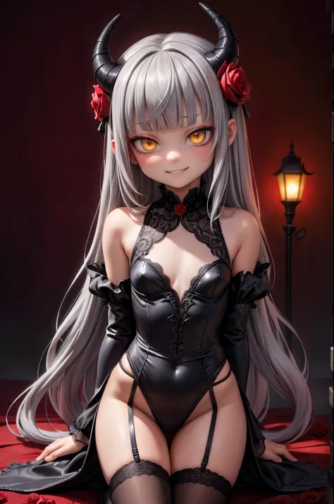 absurdres, highres,diffuse reflection, (ultra detailed:1.0),(Red Theme, Red Light,cinematic lighting:1.3), looking at viewer, cowboy shot BREAK (demon horns, demon girl,Gorgeous leotard dresses), (blooming roses in darkness, mysterious allure, shadowy blos...