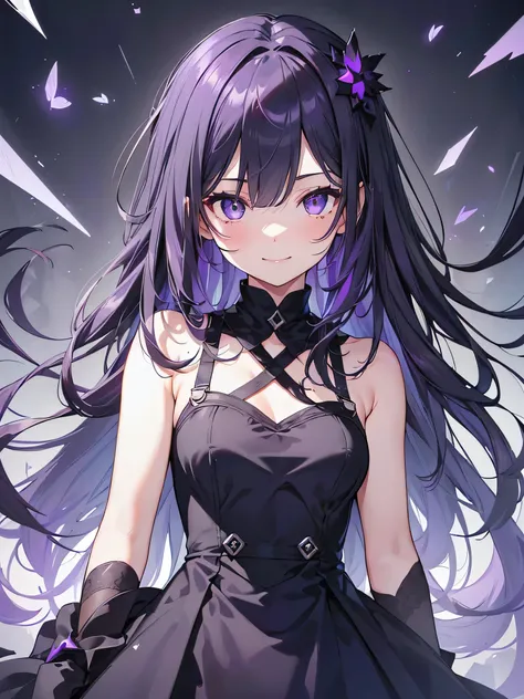 (debris flies, highest quality, ultra high resolution),1 girl,(black dress beautiful、detailed face, fine eyes,((gray and purple theme)),standing in front of a pure white wall、facing forward,smile、smile,cheeks are red,whole body,Beautiful eyes that everyone...