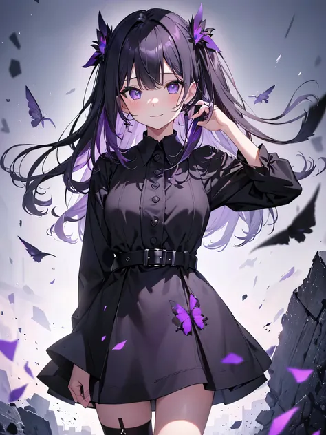 (debris flies, highest quality, ultra high resolution),1 girl,(black dress beautiful、detailed face, fine eyes,((gray and purple ...