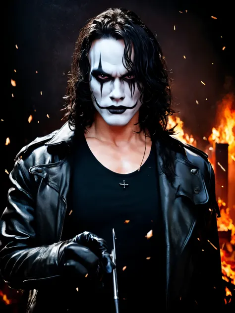 A cinematic poster of the character "The Crow". Half-body, The character is in the middle of a dark street, with a bright green light shining on him. (( The Crow V.IT Face, White face with black makeup )), The background is black with smoke. Wearing a The ...