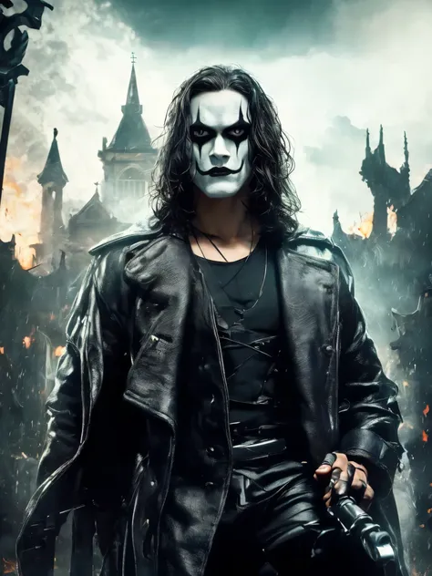 a cinematic poster of the character "the crow". half-body, the character is in the middle of a dark street, with a bright green ...